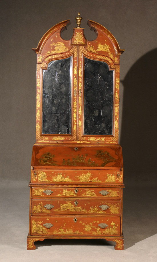 Appraisal: George III Style Scarlet-Red Japanned Slant-Front Bureau-Bookcase th Century In