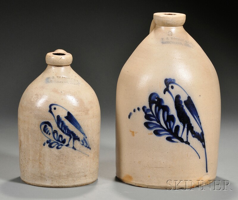 Appraisal: Two Stoneware Jugs with Cobalt-decorated Parrots F B NORTON CO