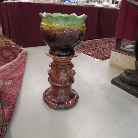 Appraisal: Art Pottery Jardiniere Pedestal majolica glaze tall some chips probaly