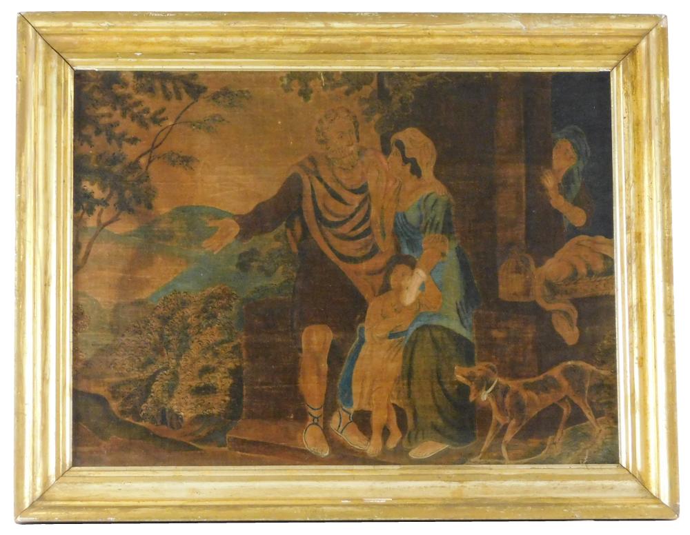 Appraisal: Stenciled and free-hand painted scene of a family in classical