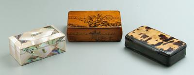 Appraisal: Three small boxes one penwork with hunting scenes some surface