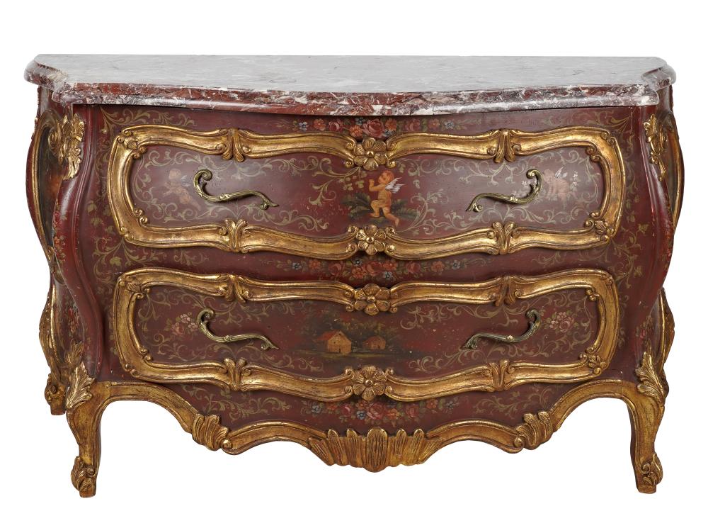 Appraisal: VENETIAN ROCOCO-STYLE PAINTED CHESTwith marble top gilt metal hardware Condition