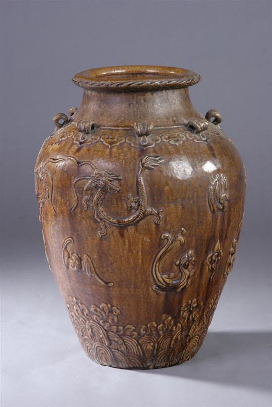 Appraisal: CHINESE BROWN GLAZED STONEWARE STORAGE JAR Ming Dynasty Dragon in