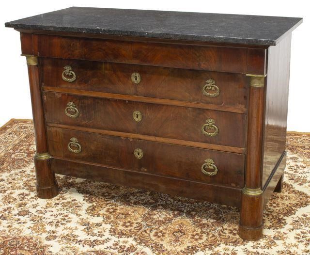 Appraisal: French Empire style mahogany commode th c rectangular marble top