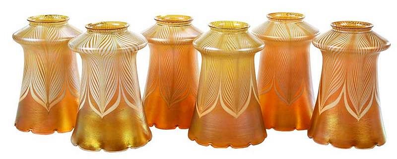 Appraisal: Six Quezal Favrille Pulled Feather Glass Shades American th century