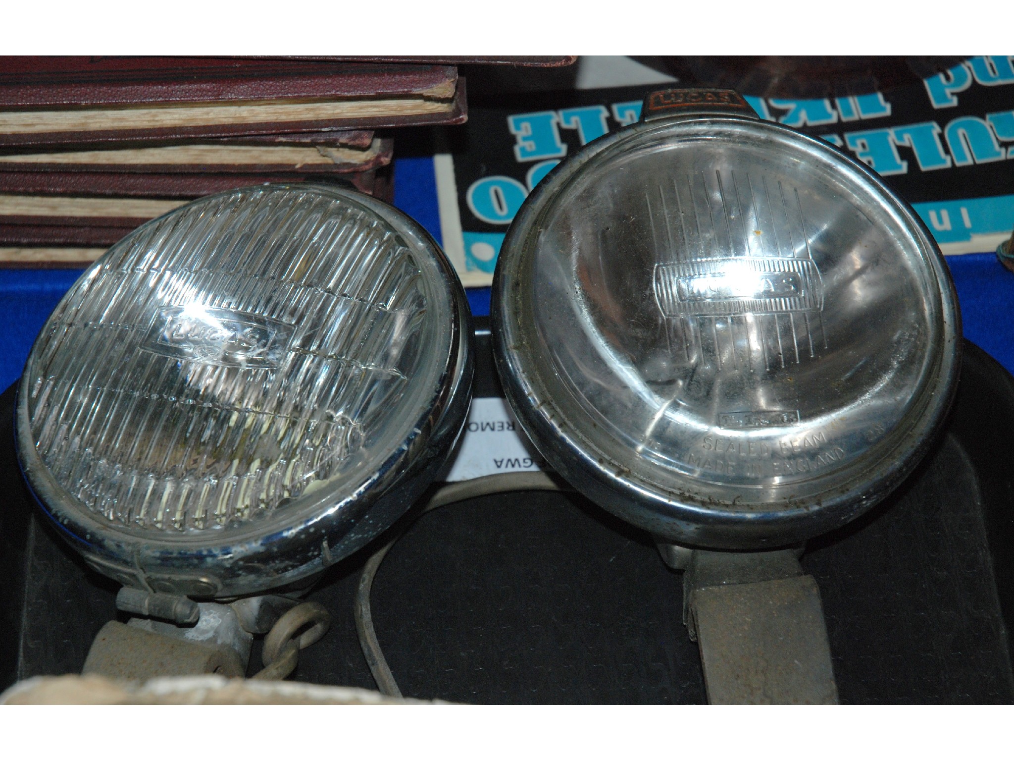 Appraisal: Two Lucas circular head lamps two other head lamps wing