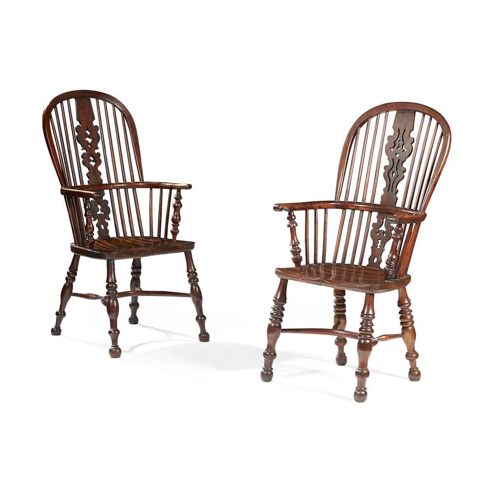 Appraisal: TWO GEORGE III YEW AND ELM HIGH BACK WINDSOR ARMCHAIRS