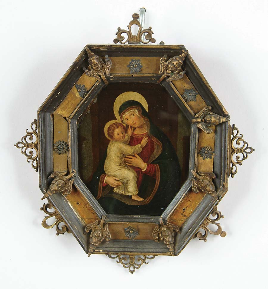 Appraisal: FRAMED ICON Print of Madonna and child affixed to glass