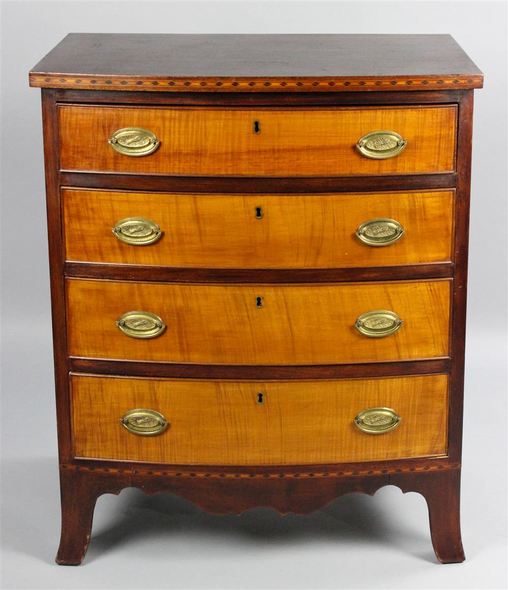 Appraisal: DIMINUTIVE FEDERAL STYLE BOW FRONT INLAID MAHOGANY CHEST OF DRAWERS