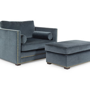 Appraisal: A Contemporary Velvet-Upholstered Armchair and Ottoman Height of chair x