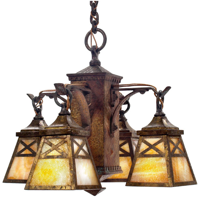 Appraisal: Arts and Crafts hanging fixture four lanterns with overlaid X