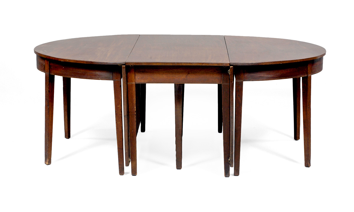 Appraisal: THREE-PART HEPPLEWHITE INLAID MAHOGANY DINING TABLE WITH D ENDS AND