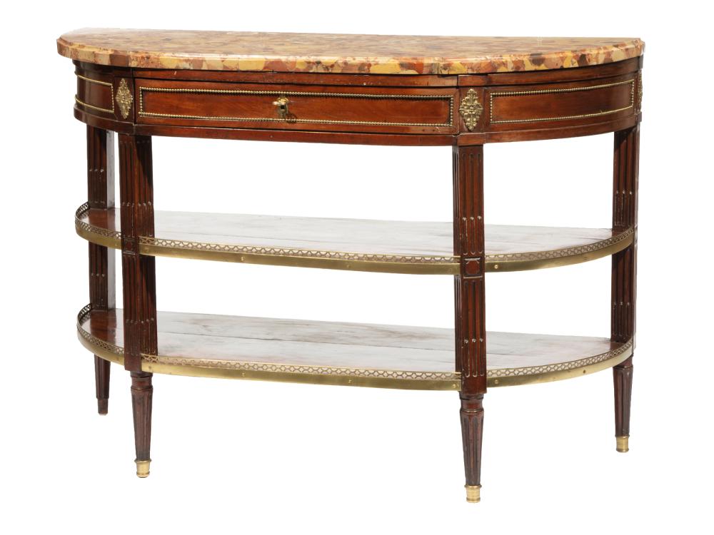 Appraisal: Louis XVI-Style Bronze-Mounted Mahogany Console Desserte demilune molded variegated marble