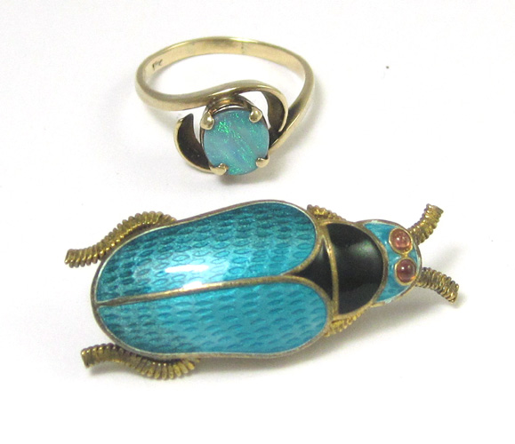 Appraisal: OPAL SOLITAIRE RING AND ENAMELED GOLD BEETLE BROOCH both K