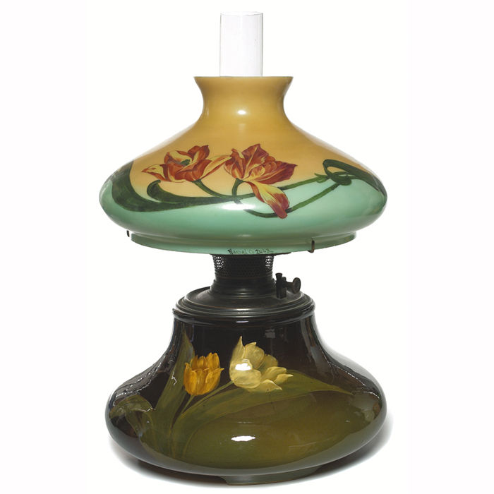 Appraisal: Rare and original Weller Louwelsa and Handel kerosene lamp squat