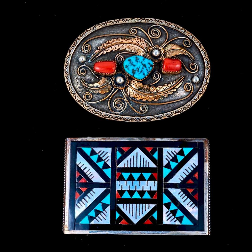 Appraisal: ZUNI AND NAVAJO BELT BUCKLES Two Vintage old pawn turquoise