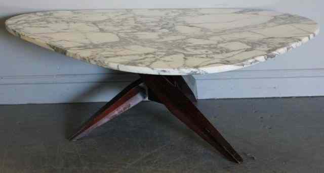 Appraisal: Marble Top and Wood Base Midcentury Coffee Table From a