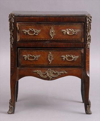 Appraisal: LOUIS XV TRANSITIONAL-STYLE MINIATURE GILT-METAL MOUNTED INLAID KINGWOOD COMMODE The