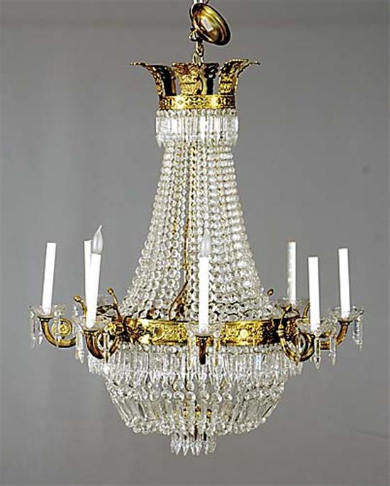 Appraisal: Crystal and brass chandelier basket-form with embossed band supporting eight