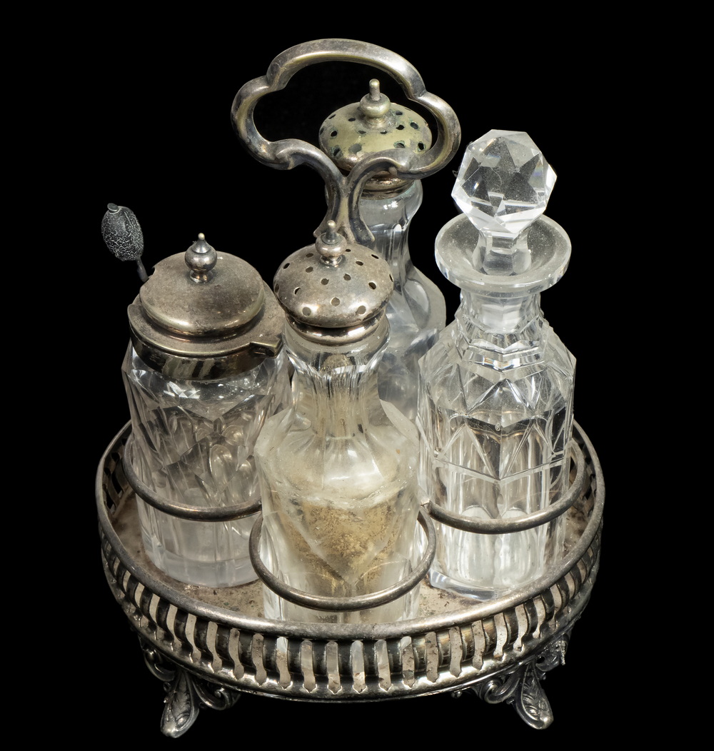 Appraisal: MINIATURE CASTOR SET Victorian Condiment Set with silver-plate holder and