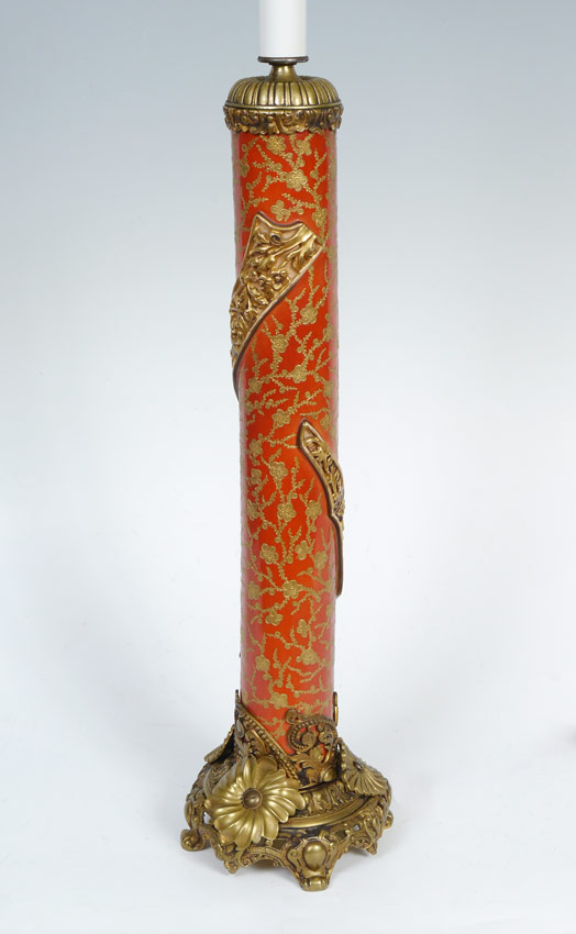 Appraisal: METAL MOUNTED PORCELAIN COLUMN LAMP Rust ground with gold floral