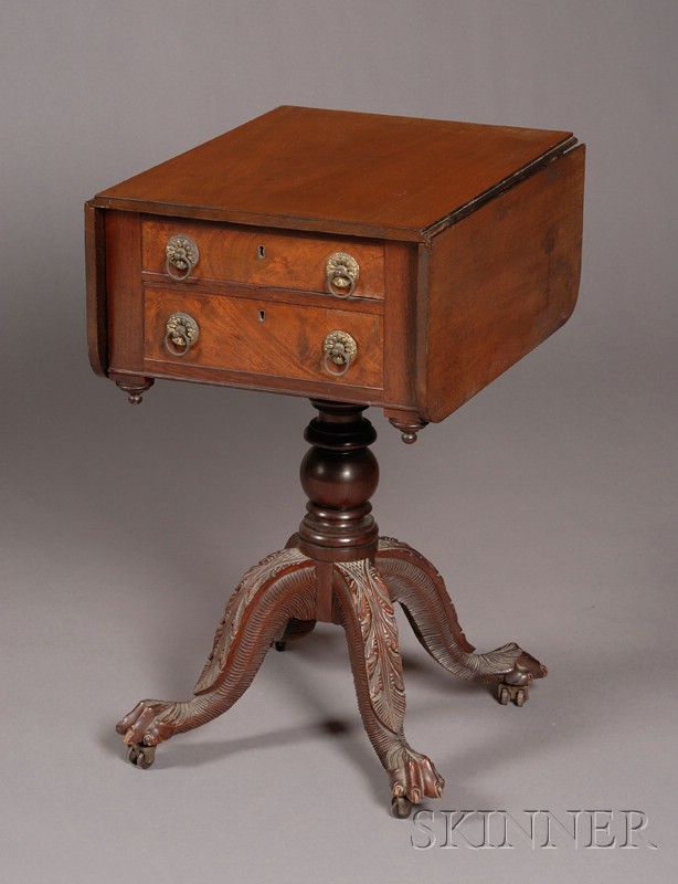 Appraisal: Classical Mahogany Carved and Mahogany Veneer Two-drawer Work Table possibly