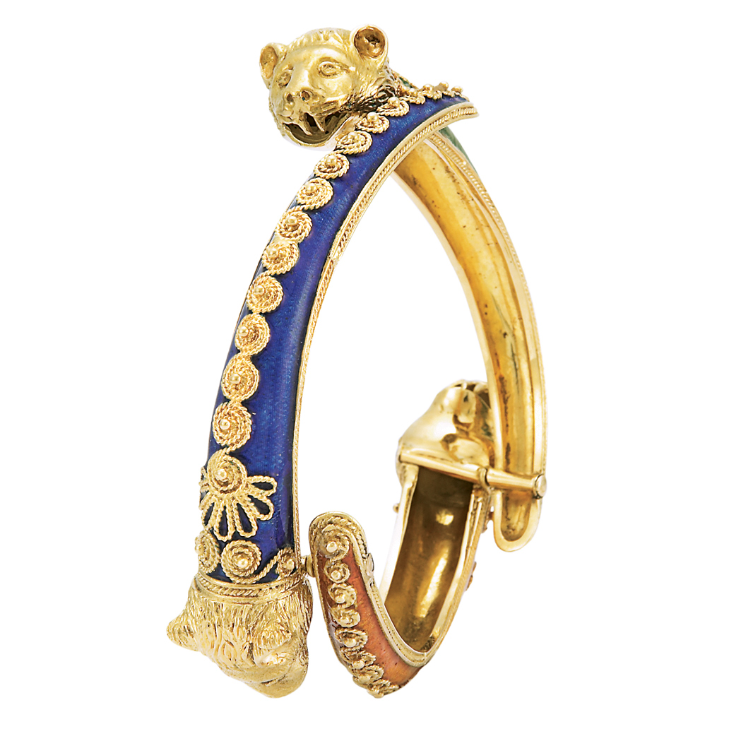 Appraisal: Gold and Enamel Animal Head Bangle Bracelet kt the hinged