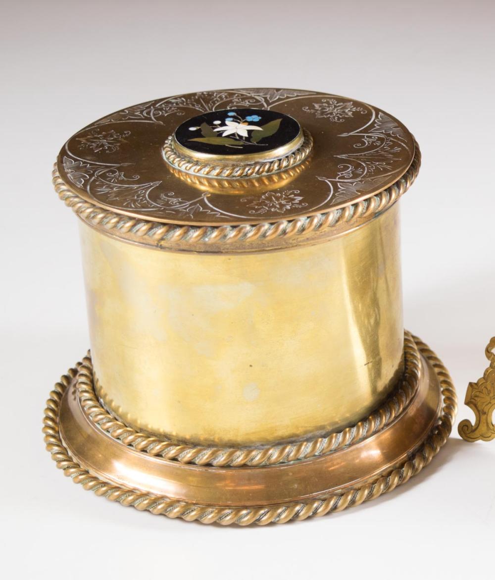 Appraisal: BRASS AND INLAID STONE PERFUME CADDY The circular perfume caddy