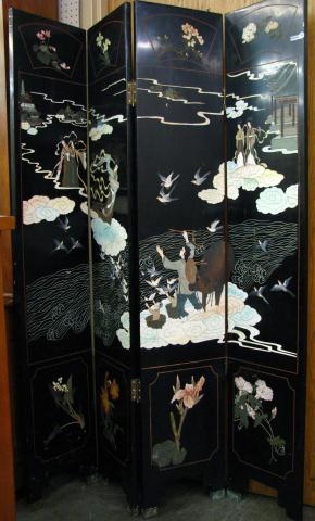 Appraisal: Four Panel Black Lacquered Screen depicting Asian motif figures flowers