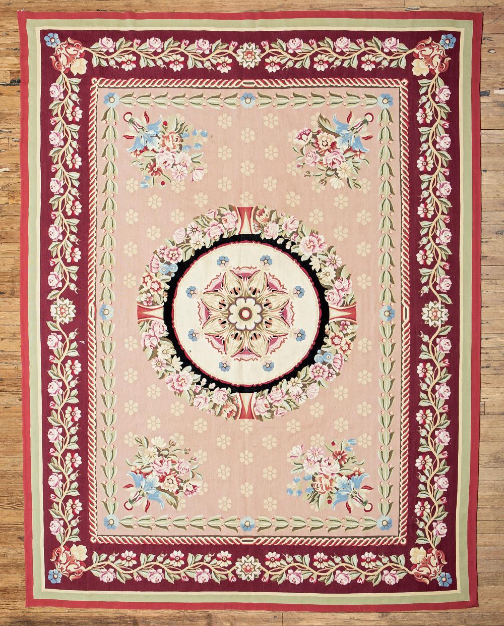 Appraisal: Aubusson-Style Carpet pink and red ground central rosette floral motifs