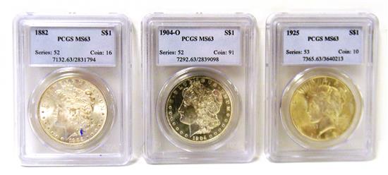 Appraisal: COINS Three PCGS MS graded silver dollars and -O Morgan