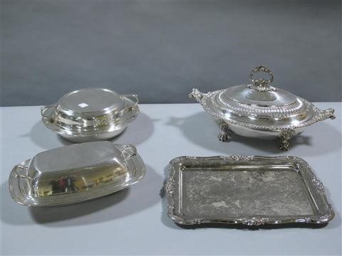 Appraisal: ASSORTMENT OF SILVER PLATED SERVING DISHES Comprising an elegant English