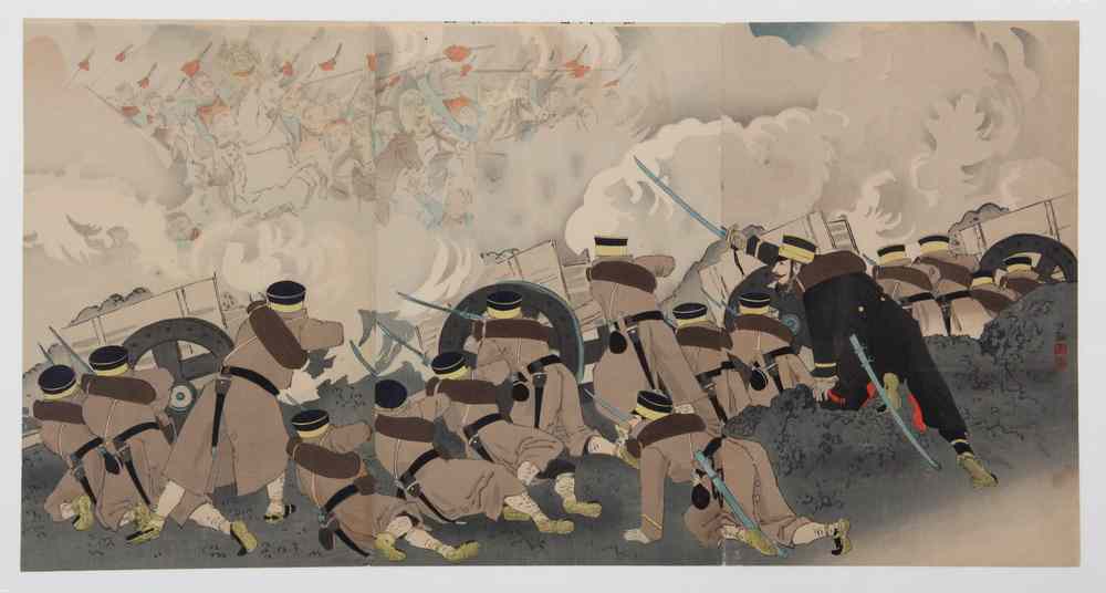 Appraisal: JAPANESE WOODBLOCK - Oban Triptych Sino-Japanese War Japanese Troops fend