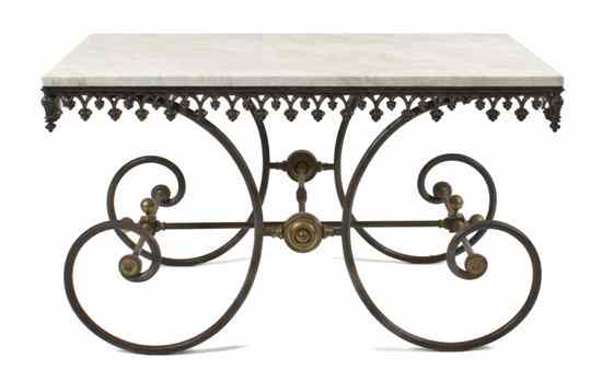 Appraisal: A French Travertine and Wrought-Iron Pastry Table the rectangular white