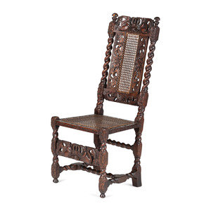 Appraisal: A William and Mary Crown-and-Flower Carved Oak and Cane Upholstered