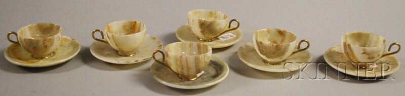 Appraisal: Set of Six Brass-handled Carved Agate Demitasse Cups and Saucers