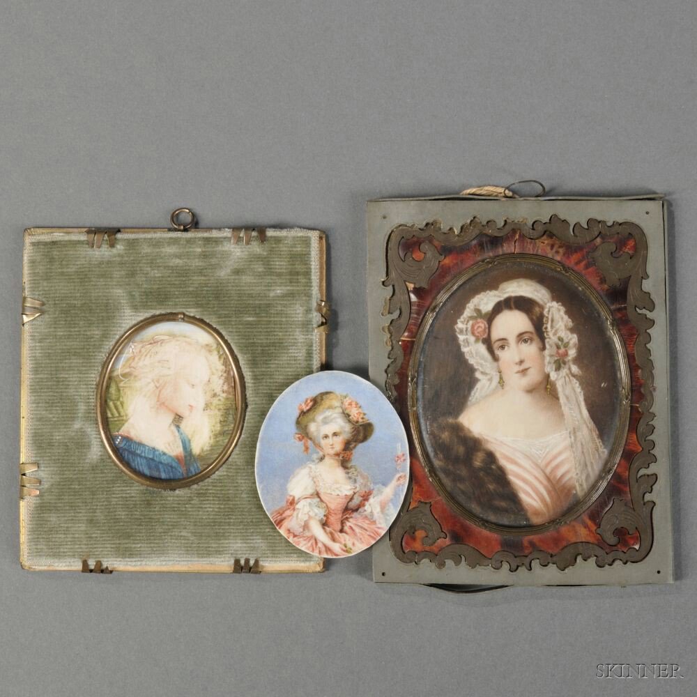 Appraisal: Three Portrait Miniatures Continental th century each oval format two