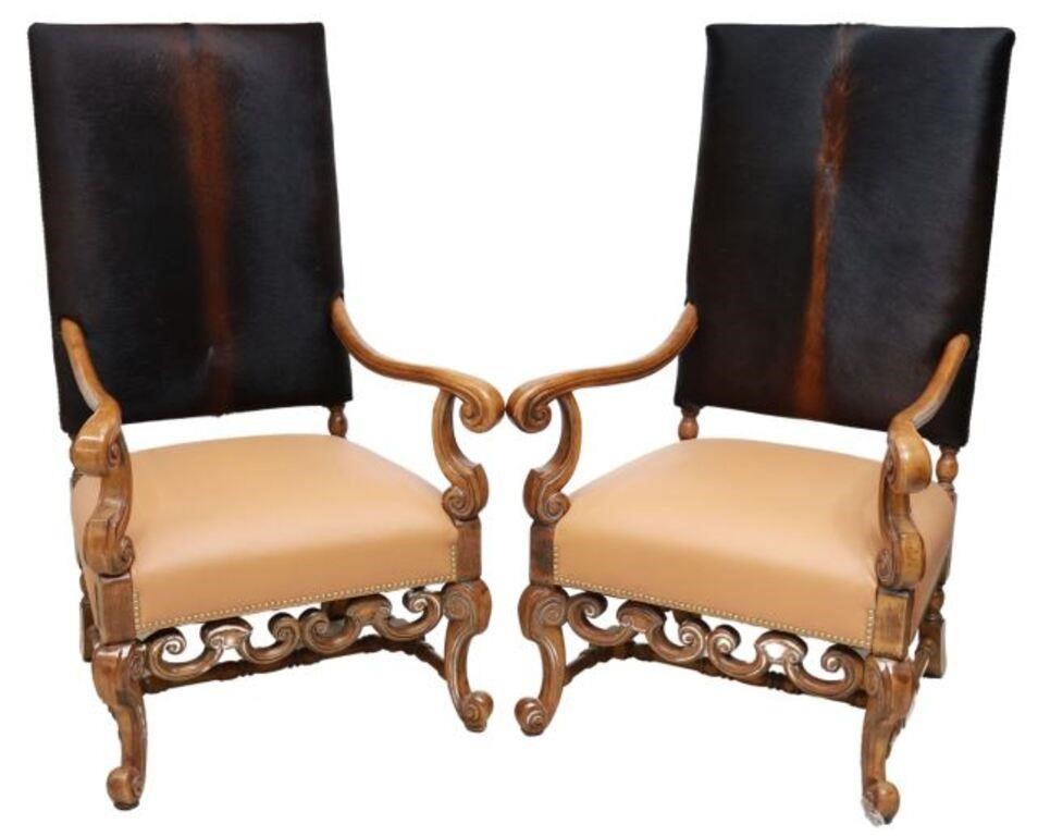 Appraisal: pair Custom cowhide and leather highback armchairs th c cowhide