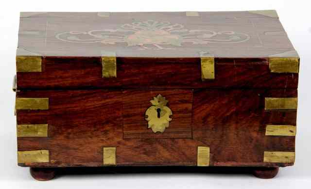 Appraisal: An Indian brass inlaid workbox set with a phoenix cm