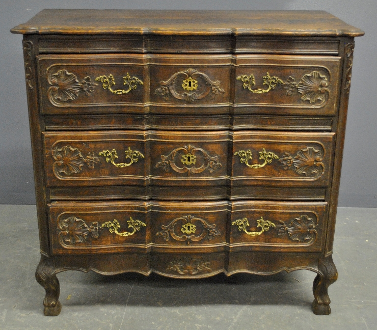 Appraisal: - French carved oak three-drawer chest th c h x