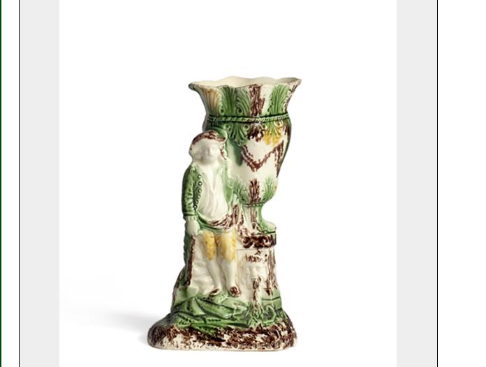 Appraisal: STAFFORDSHIRE CREAMWARE TORTOISESHELL-GLAZED FIGURAL SPILL VASE OF WHIELDON TYPE -