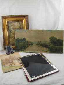 Appraisal: Two modern silver faced photograph frames together with three paintings