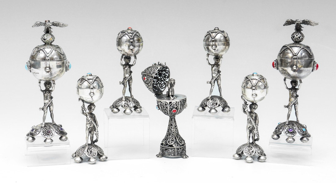 Appraisal: RUSSIAN SILVER FIGURAL SCENT BOXES pieces total with spurious Russian