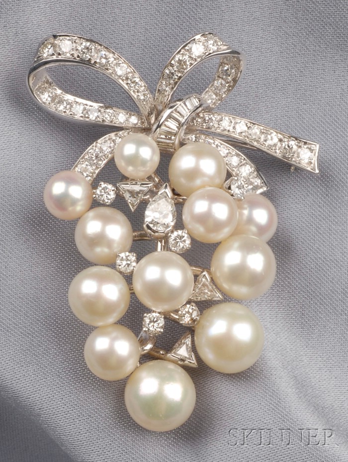 Appraisal: kt White Gold Cultured Pearl and Diamond Brooch designed as