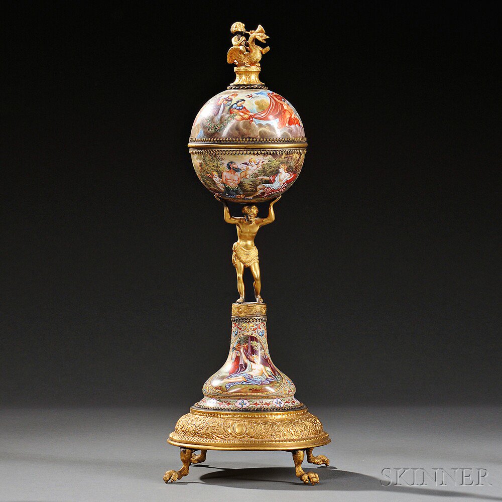 Appraisal: Viennese Gilt-metal and Enamel Figural Clock Austria late th century