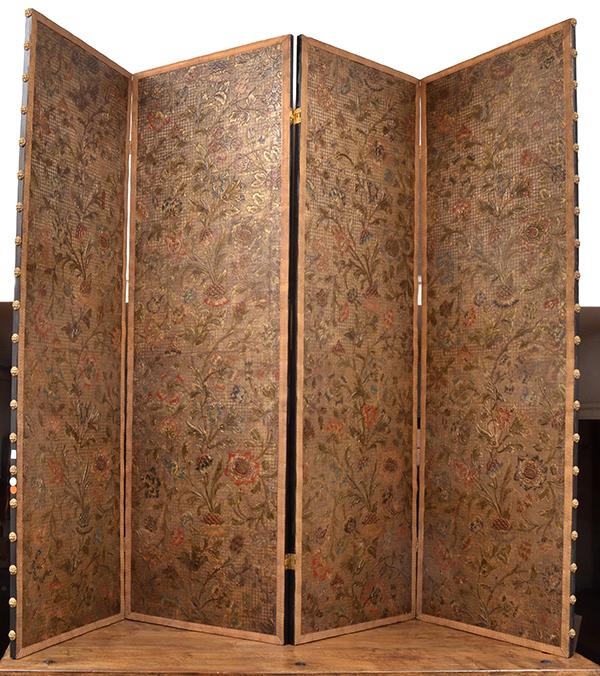 Appraisal: A FOUR PANELLED PAINTED LEATHER SCREEN each panel with a