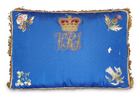 Appraisal: A Victorian blue kneeler cushion with gold fringes and coloured