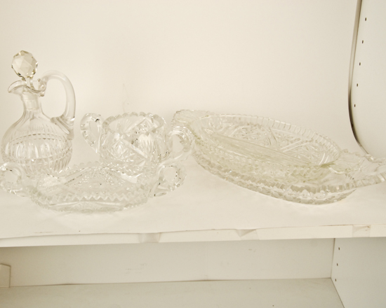 Appraisal: Pieces Glass Crystal Oval Dish chips Dorfinger Cruet H Oval