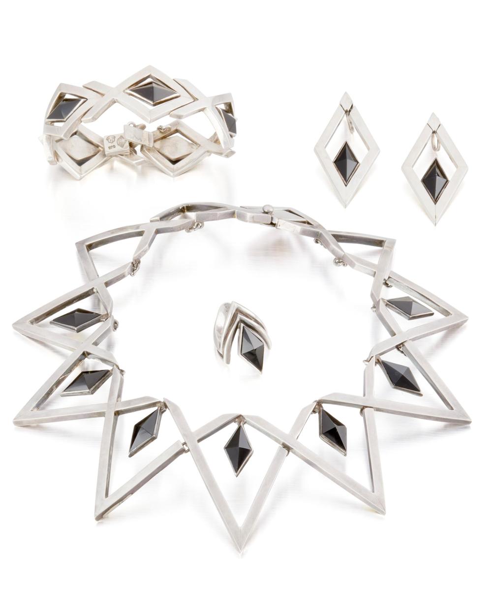 Appraisal: A suite of Antonio Pineda silver and obsidian jewelry -