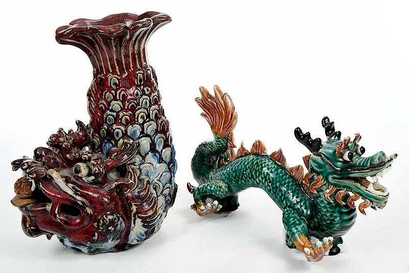 Appraisal: Two Chinese Figural Ceramics th century carp and dragon tallest